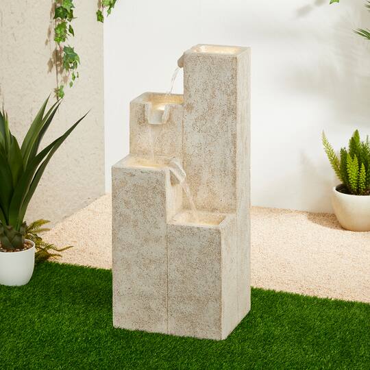 Glitzhome® 34" 4-Tier Faux Terrazzo Geometric Square Column Outdoor Fountain with LED Light